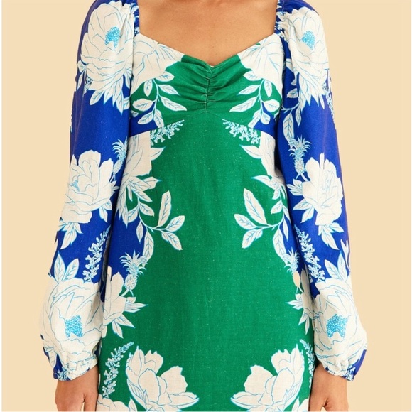 Farm Rio Soft Garden Linen Blend Puff Sleeve Mini Dress Floral Blue NWT Size XS - Picture 2 of 16